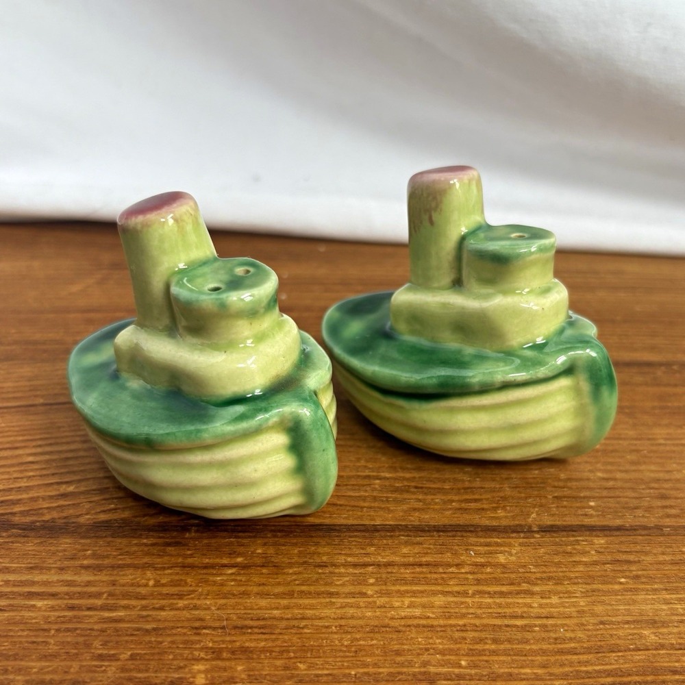 Vintage Ceramic Tugboat Salt & Pepper Shakers Set of 2 Green Glossy 2.5"